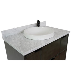 ellaterra 37" Single Wall Mount Vanity in Linen Gray Finish with Counter Top and Sink 400501-CAB-LY, White Carrara Marble / Round, Front