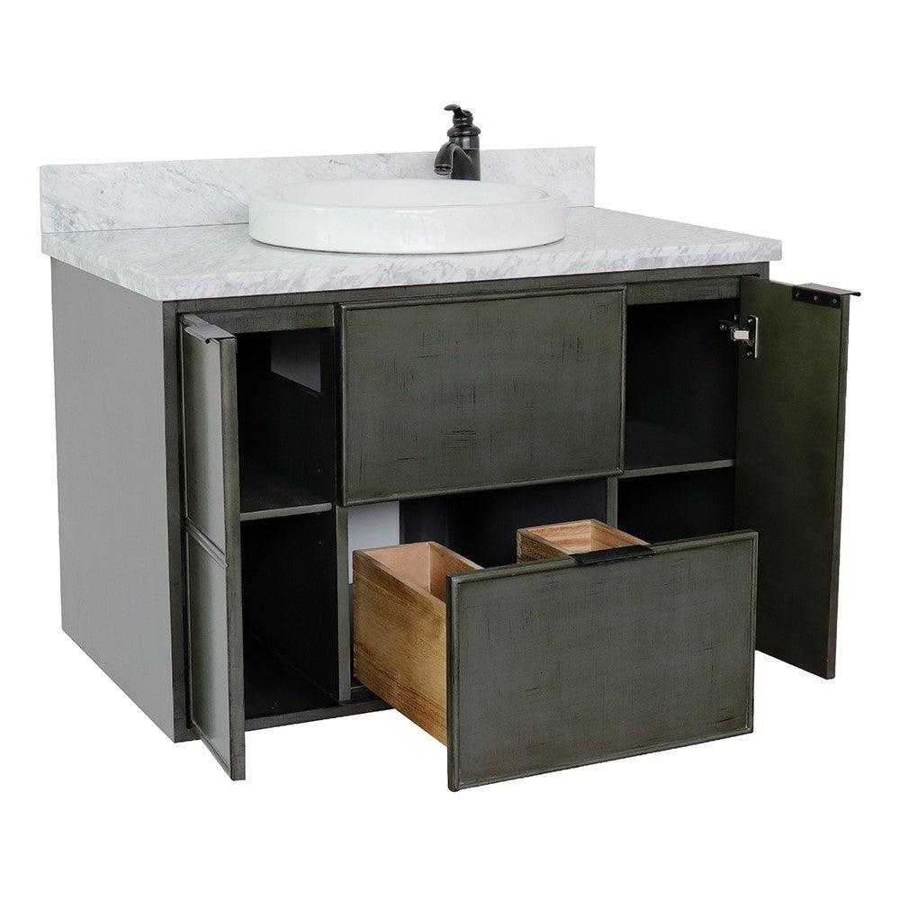 ellaterra 37" Single Wall Mount Vanity in Linen Gray Finish with Counter Top and Sink 400501-CAB-LY, White Carrara Marble / Round, Open