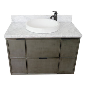 ellaterra 37" Single Wall Mount Vanity in Linen Gray Finish with Counter Top and Sink 400501-CAB-LY, White Carrara Marble / Round, Front Top