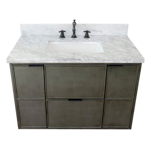 Bellaterra 37" Single Wall Mount Vanity in Linen Gray Finish with Counter Top and Sink 400501-CAB-LY, White Carrara Marble / Rectangle, Front Top