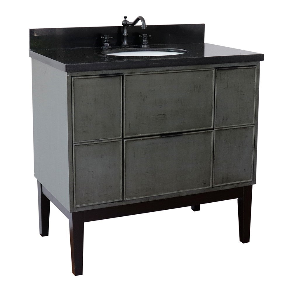 Bellaterra 37" Single Vanity in Linen Gray Finish with Counter Top and Sink 400501-LY, Black Galaxy / Oval, Front