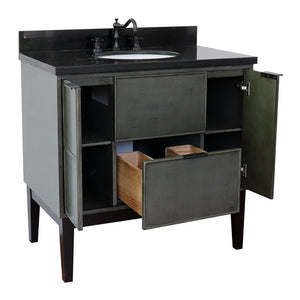 Bellaterra 37" Single Vanity in Linen Gray Finish with Counter Top and Sink 400501-LY, Black Galaxy / Oval, Open