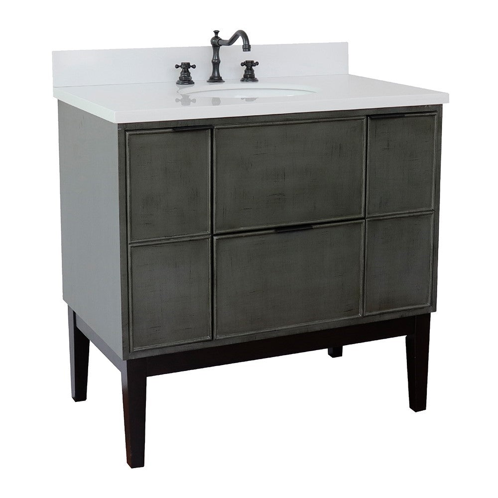 Bellaterra 37" Single Vanity in Linen Gray Finish with Counter Top and Sink 400501-LY, White Quartz / Oval, Front