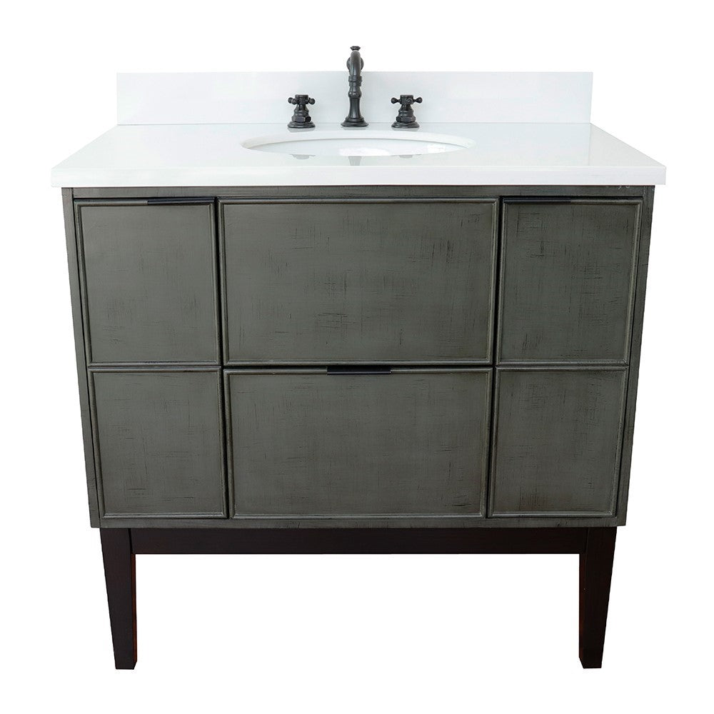 Bellaterra 37" Single Vanity in Linen Gray Finish with Counter Top and Sink 400501-LY, White Quartz / Oval, Front