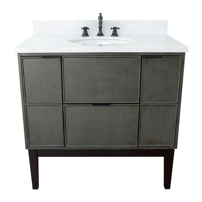 Bellaterra 37" Single Vanity in Linen Gray Finish with Counter Top and Sink 400501-LY, White Quartz / Oval, Front