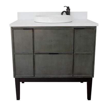 Bellaterra 37" Single Vanity in Linen Gray Finish with Counter Top and Sink 400501-LY, White Quartz / Round, Front