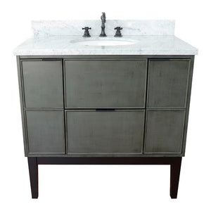 Bellaterra 37" Single Vanity in Linen Gray Finish with Counter Top and Sink 400501-LY, White Carrara Marble / Oval, Front