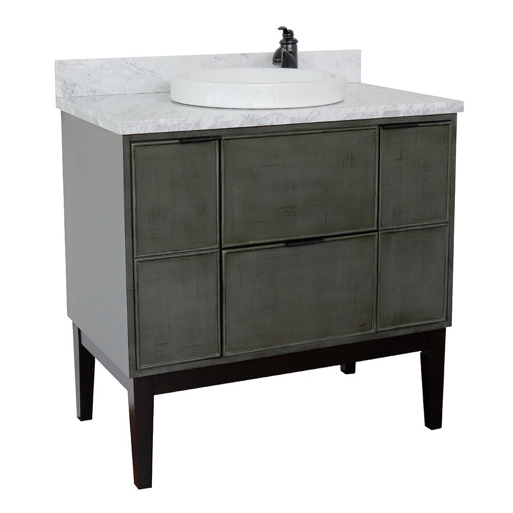 Bellaterra 37" Single Vanity in Linen Gray Finish with Counter Top and Sink 400501-LY, White Carrara Marble / Round, Front