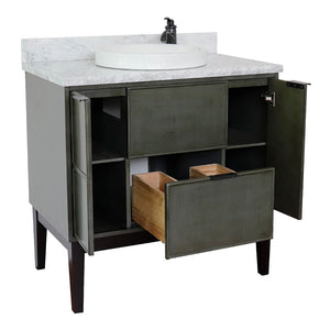 Bellaterra 37" Single Vanity in Linen Gray Finish with Counter Top and Sink 400501-LY, White Carrara Marble / Round, Open