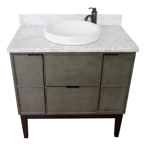 Bellaterra 37" Single Vanity in Linen Gray Finish with Counter Top and Sink 400501-LY, White Carrara Marble / Round, Front 
