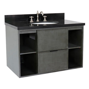 Bellaterra 37" Single Wall Mount Vanity in Linen Gray Finish with Counter Top and Sink 400502-CAB-LY, Black Galaxy / Oval, Front
