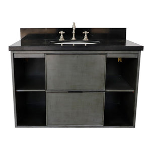 Bellaterra 37" Single Wall Mount Vanity in Linen Gray Finish with Counter Top and Sink 400502-CAB-LY, Black Galaxy / Oval, Front