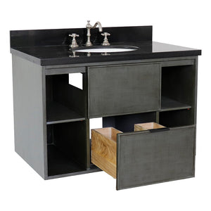 Bellaterra 37" Single Wall Mount Vanity in Linen Gray Finish with Counter Top and Sink 400502-CAB-LY, Black Galaxy / Oval, Open