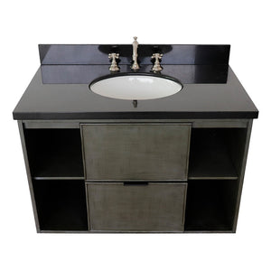 Bellaterra 37" Single Wall Mount Vanity in Linen Gray Finish with Counter Top and Sink 400502-CAB-LY, Black Galaxy / Oval, Top Front