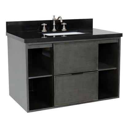 Bellaterra 37" Single Wall Mount Vanity in Linen Gray Finish with Counter Top and Sink 400502-CAB-LY, Black Galaxy / Rectangle, Front