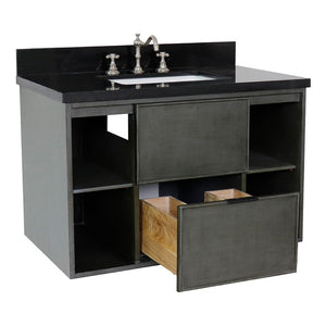 Bellaterra 37" Single Wall Mount Vanity in Linen Gray Finish with Counter Top and Sink 400502-CAB-LY, Black Galaxy / Rectangle, Open Drawer
