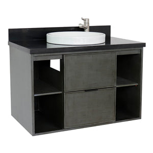 Bellaterra 37" Single Wall Mount Vanity in Linen Gray Finish with Counter Top and Sink 400502-CAB-LY, Black Galaxy / Round, Front