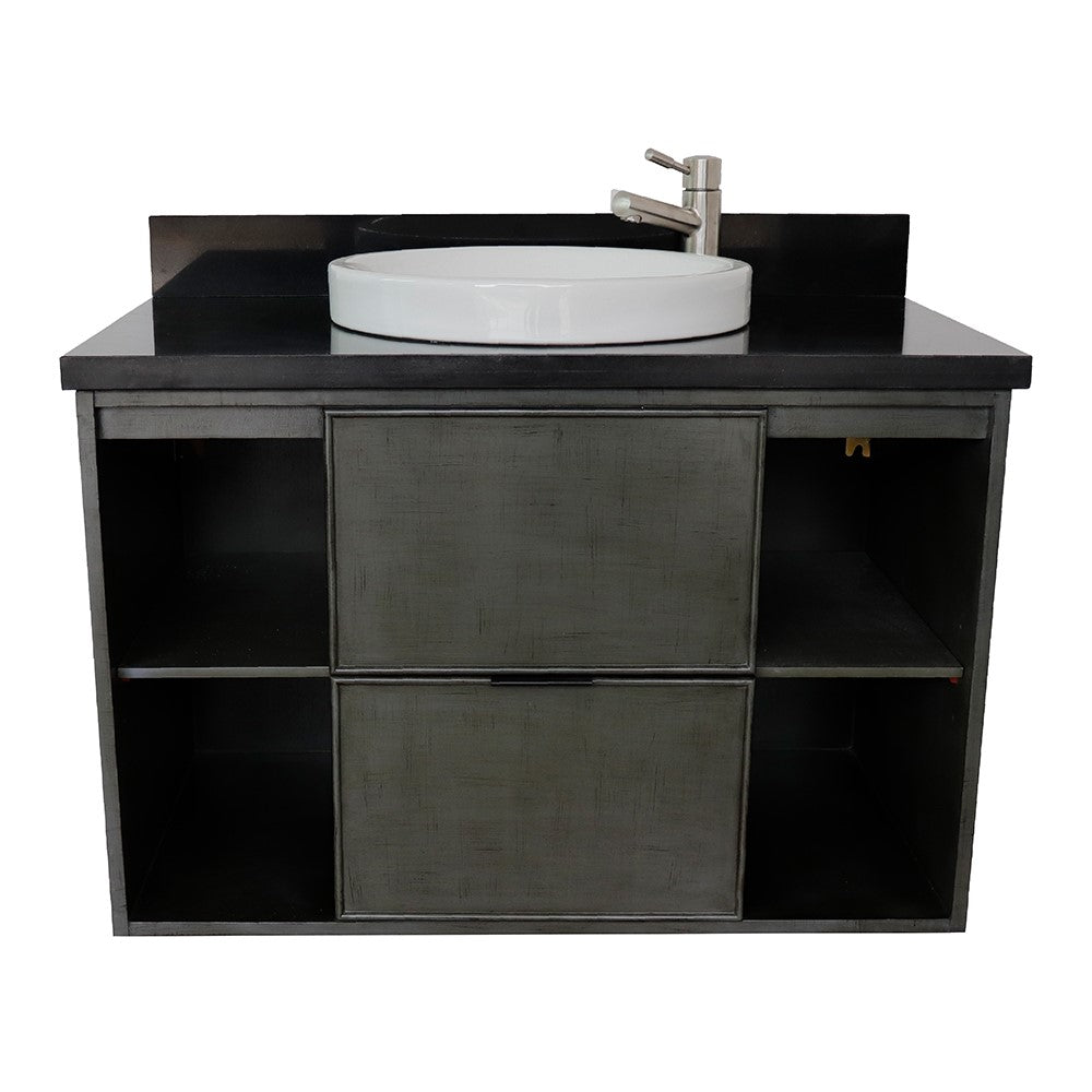 Bellaterra 37" Single Wall Mount Vanity in Linen Gray Finish with Counter Top and Sink 400502-CAB-LY, Black Galaxy / Round, Front