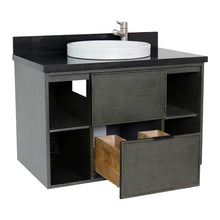 Load image into Gallery viewer, Bellaterra 37&quot; Single Wall Mount Vanity in Linen Gray Finish with Counter Top and Sink 400502-CAB-LY, Black Galaxy / Round, Open