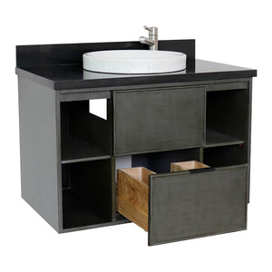 Bellaterra 37" Single Wall Mount Vanity in Linen Gray Finish with Counter Top and Sink 400502-CAB-LY, Black Galaxy / Round, Open