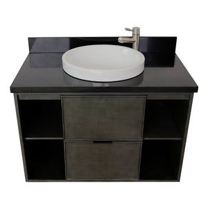 Bellaterra 37" Single Wall Mount Vanity in Linen Gray Finish with Counter Top and Sink 400502-CAB-LY, Black Galaxy / Round, Top Front