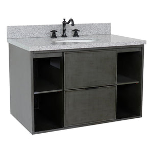 Bellaterra 37" Single Wall Mount Vanity in Linen Gray Finish with Counter Top and Sink 400502-CAB-LY, Gray Granite / Oval, Front
