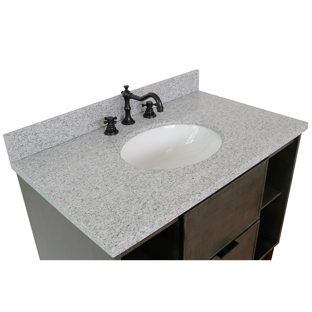 Bellaterra 37" Single Wall Mount Vanity in Linen Gray Finish with Counter Top and Sink 400502-CAB-LY, Gray Granite / Oval, Top Front