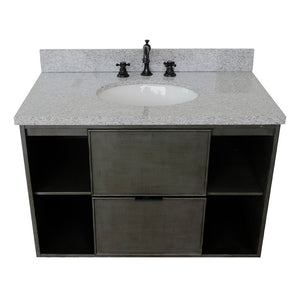 Bellaterra 37" Single Wall Mount Vanity in Linen Gray Finish with Counter Top and Sink 400502-CAB-LY, Gray Granite / Oval