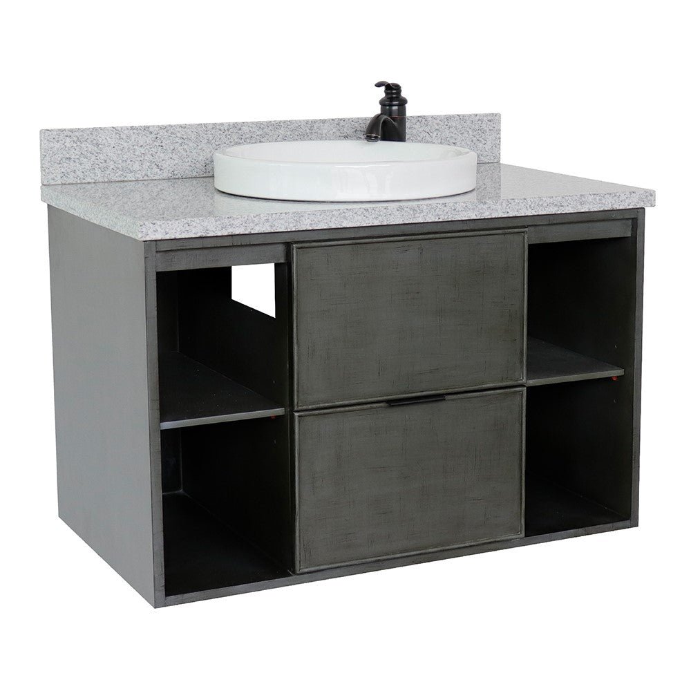 Bellaterra 37" Single Wall Mount Vanity in Linen Gray Finish with Counter Top and Sink 400502-CAB-LY, Gray Granite / Round, Front