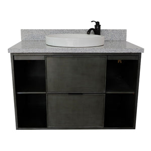 Bellaterra 37" Single Wall Mount Vanity in Linen Gray Finish with Counter Top and Sink 400502-CAB-LY, Gray Granite / Round, Front
