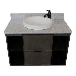 Bellaterra 37" Single Wall Mount Vanity in Linen Gray Finish with Counter Top and Sink 400502-CAB-LY, Gray Granite / Round, Front