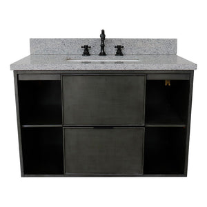 Bellaterra 37" Single Wall Mount Vanity in Linen Gray Finish with Counter Top and Sink 400502-CAB-LY, Gray Granite / Rectangle, Front