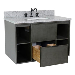 Bellaterra 37" Single Wall Mount Vanity in Linen Gray Finish with Counter Top and Sink 400502-CAB-LY, Gray Granite / Rectangle, Open