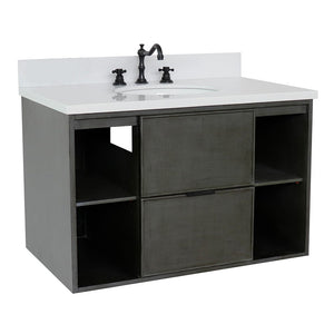 Bellaterra 37" Single Wall Mount Vanity in Linen Gray Finish with Counter Top and Sink 400502-CAB-LY, White Quartz / Oval, Front