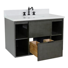 Load image into Gallery viewer, Bellaterra 37&quot; Single Wall Mount Vanity in Linen Gray Finish with Counter Top and Sink 400502-CAB-LY, White Quartz / Oval, Open Drawer