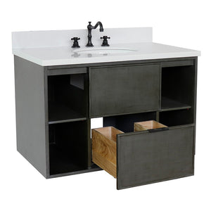 Bellaterra 37" Single Wall Mount Vanity in Linen Gray Finish with Counter Top and Sink 400502-CAB-LY, White Quartz / Oval, Open Drawer
