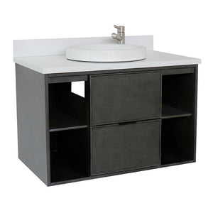 Bellaterra 37" Single Wall Mount Vanity in Linen Gray Finish with Counter Top and Sink 400502-CAB-LY, White Quartz / Round, Front