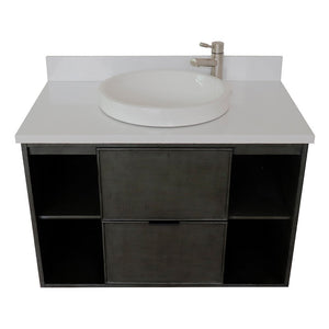 Bellaterra 37" Single Wall Mount Vanity in Linen Gray Finish with Counter Top and Sink 400502-CAB-LY, White Quartz / Round, Top Front