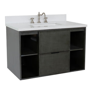 Bellaterra 37" Single Wall Mount Vanity in Linen Gray Finish with Counter Top and Sink 400502-CAB-LY, White Quartz / Rectangle, Front