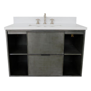 Bellaterra 37" Single Wall Mount Vanity in Linen Gray Finish with Counter Top and Sink 400502-CAB-LY, White Quartz / Rectangle, Front
