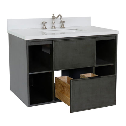 Bellaterra 37" Single Wall Mount Vanity in Linen Gray Finish with Counter Top and Sink 400502-CAB-LY, White Quartz / Rectangle, Drawer