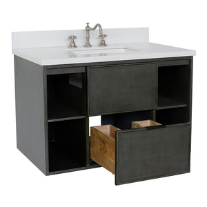 Bellaterra 37" Single Wall Mount Vanity in Linen Gray Finish with Counter Top and Sink 400502-CAB-LY, White Quartz / Rectangle, Drawer