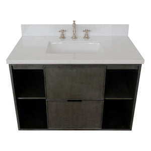 Bellaterra 37" Single Wall Mount Vanity in Linen Gray Finish with Counter Top and Sink 400502-CAB-LY, White Quartz / Rectangle, Basin Top