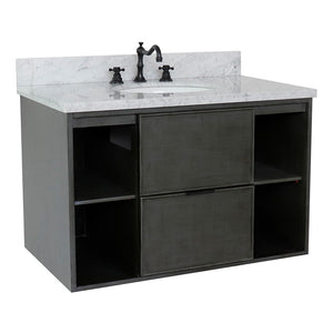 Bellaterra 37" Single Wall Mount Vanity in Linen Gray Finish with Counter Top and Sink 400502-CAB-LY, White Carrara Marble / Oval, Front