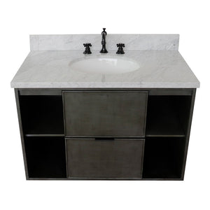 Bellaterra 37" Single Wall Mount Vanity in Linen Gray Finish with Counter Top and Sink 400502-CAB-LY, White Carrara Marble / Oval, Top Front