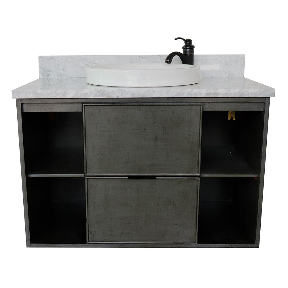 Bellaterra 37" Single Wall Mount Vanity in Linen Gray Finish with Counter Top and Sink 400502-CAB-LY, White Carrara Marble / Round, Front 