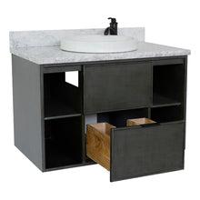 Load image into Gallery viewer, Bellaterra 37&quot; Single Wall Mount Vanity in Linen Gray Finish with Counter Top and Sink 400502-CAB-LY, White Carrara Marble / Round, Open