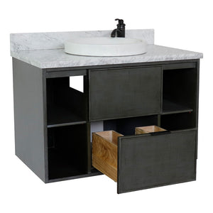 Bellaterra 37" Single Wall Mount Vanity in Linen Gray Finish with Counter Top and Sink 400502-CAB-LY, White Carrara Marble / Round, Open
