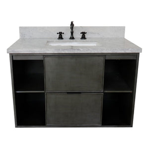 Bellaterra 37" Single Wall Mount Vanity in Linen Gray Finish with Counter Top and Sink 400502-CAB-LY, White Carrara Marble / Rectangle, Front