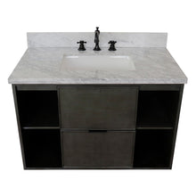 Load image into Gallery viewer, Bellaterra 37&quot; Single Wall Mount Vanity in Linen Gray Finish with Counter Top and Sink 400502-CAB-LY, White Carrara Marble / Rectangle, Front Top